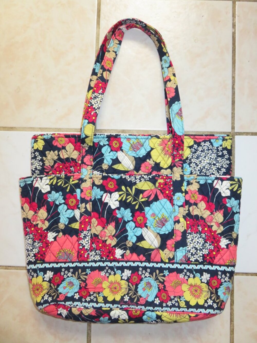 Vera Bradley Happy Snails Floral Shoulder Tote Bag East West 80s Large Blue Red